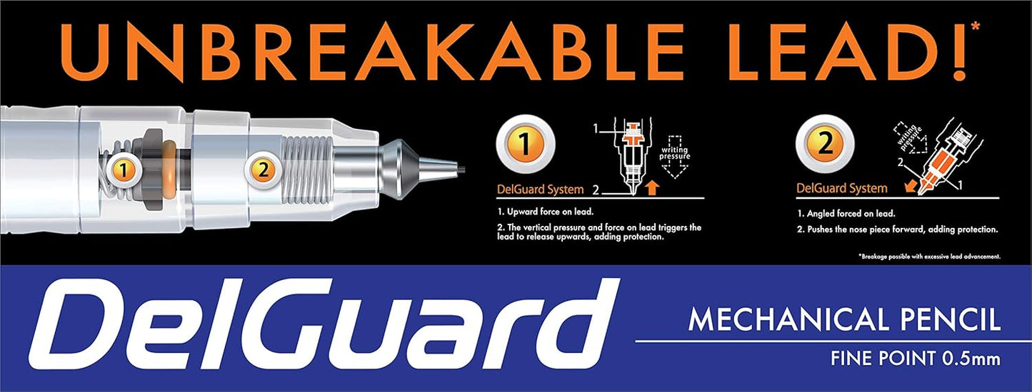 Zebra Pen DelGuard Mechanical Pencil 0.5mm, Black, Blue & White Barrel, Resists Lead Breaking, Double Spring Protection, Built-In Eraser, 3-Pack with Refills, Clip for Easy Carrying (58603)