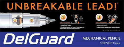 Zebra Pen DelGuard Mechanical Pencil 0.5mm, Black, Blue & White Barrel, Resists Lead Breaking, Double Spring Protection, Built-In Eraser, 3-Pack with Refills, Clip for Easy Carrying (58603)