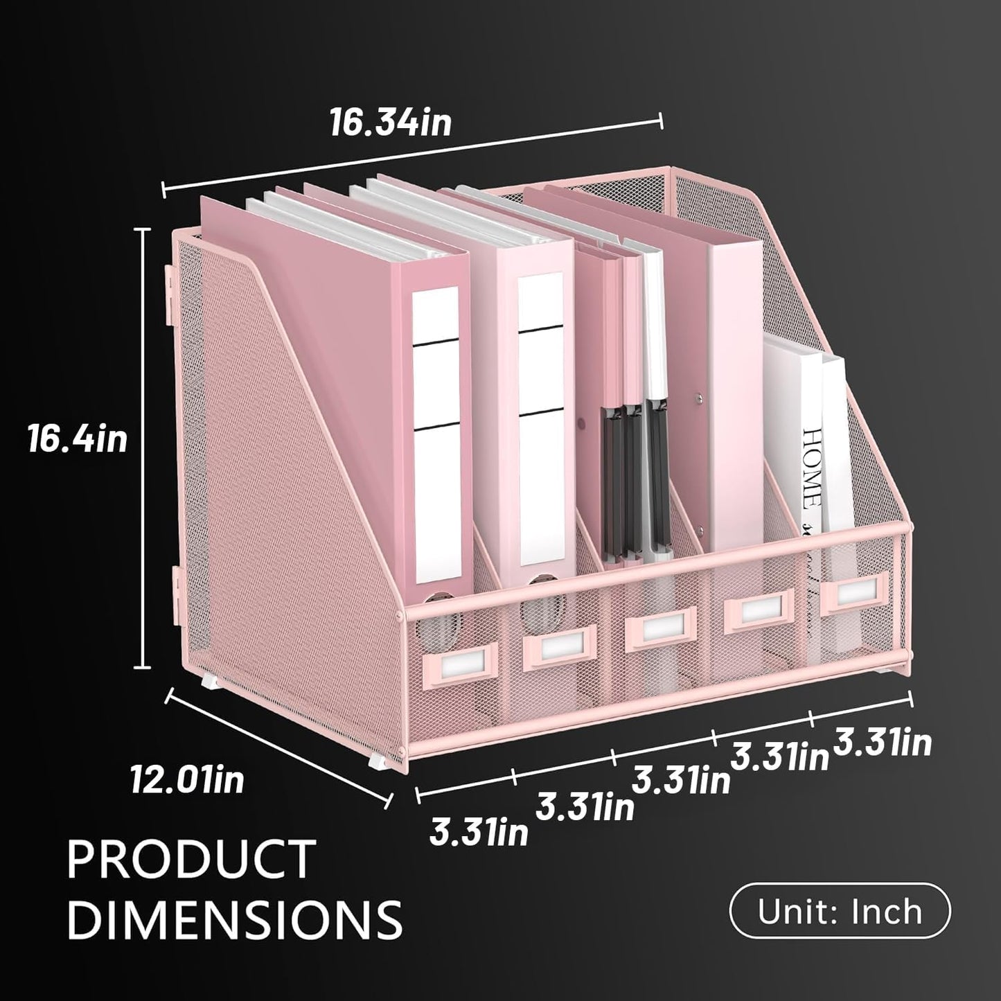 DALTACK 4 Vertical Compartments Magazine File Holder, Binder Organizer, Metal Desk Organizers for Office Home School Classroom Organization, Black