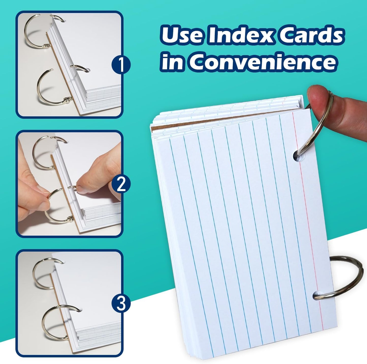 3x5 Lined Index Cards with Ring Binder Holder and Dividers, 100 Ruled Cards, Blue