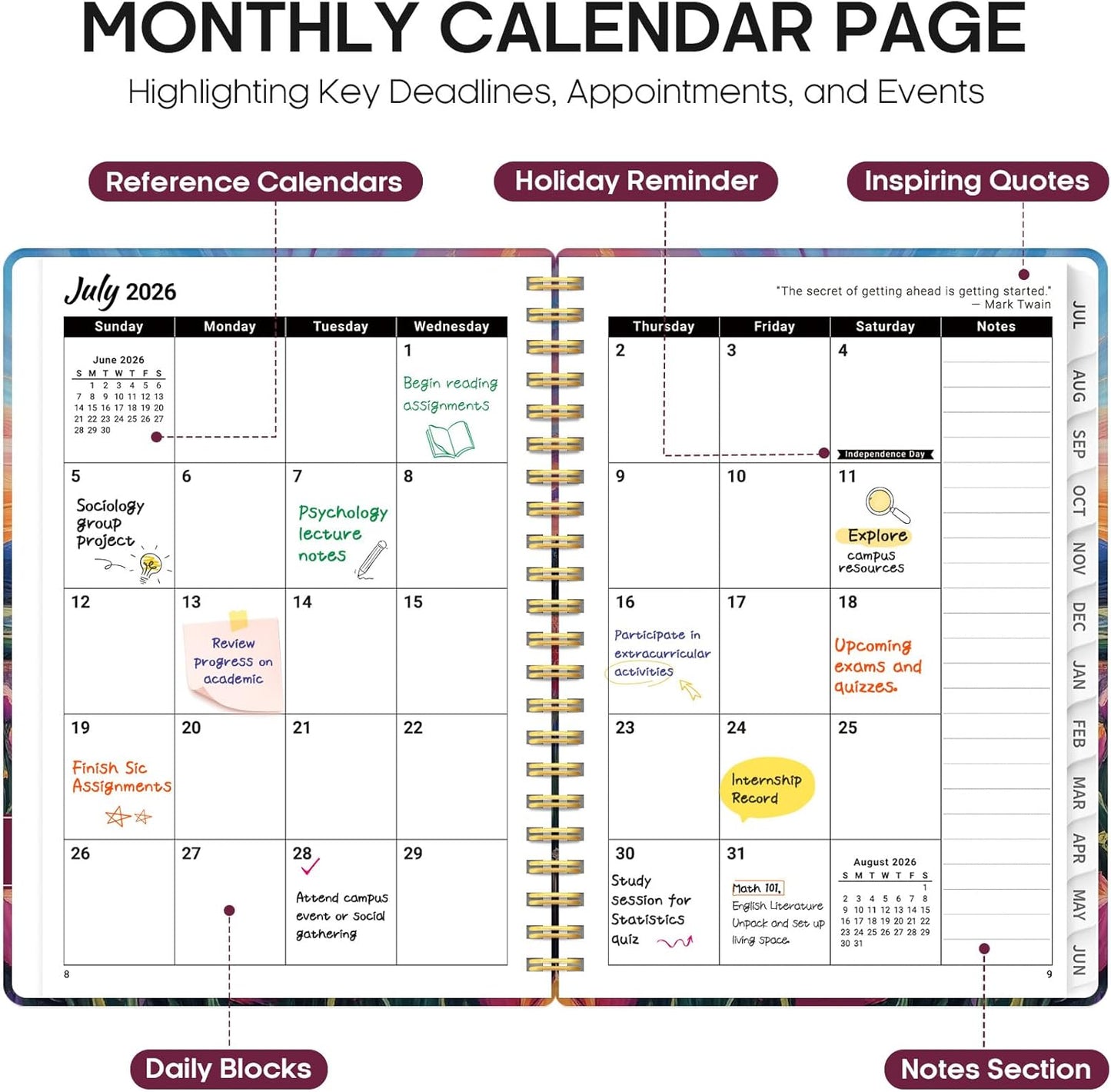 Planner 2026-2027, Academic Year Monthly and Weekly Calendar Planner, Jul 2026 - Jun 2027, Hardcover Teacher Student Planning Agenda book with Tabs, Perfect for School Office Supplies, 6.3" x 8.5" - Wildflowers