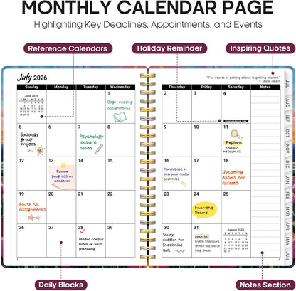 Planner 2026-2027, Academic Year Monthly and Weekly Calendar Planner, Jul 2026 - Jun 2027, Hardcover Teacher Student Planning Agenda book with Tabs, Perfect for School Office Supplies, 6.3" x 8.5" - Wildflowers