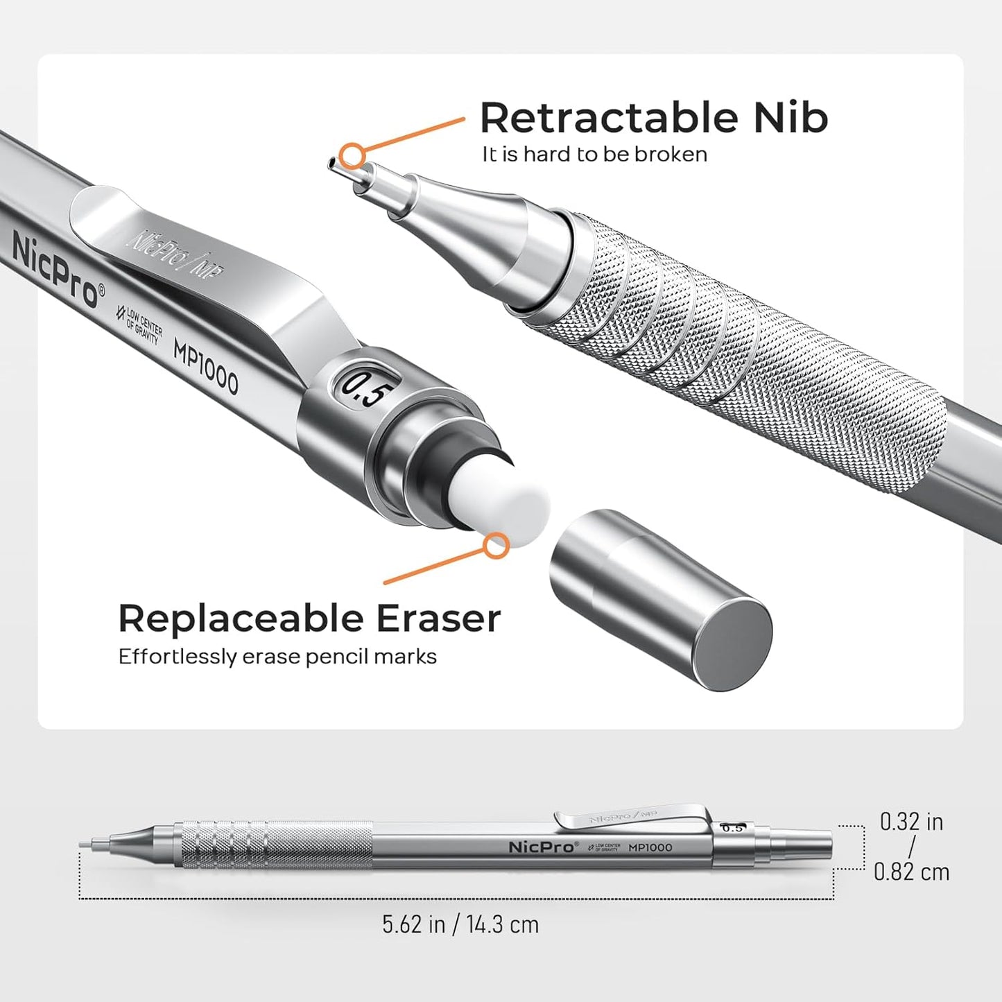 Nicpro 2 PCS Mechanical Pencils 0.5mm & 0.7 mm with Case, MP1000 Metal Artist Pencil Set with 4 Tubes HB Lead Refills, 2 Erasers, 9 Eraser Refills For Art Writing Drafting Drawing, Black & Silver
