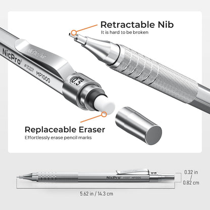 Nicpro 2 PCS Mechanical Pencils 0.5mm & 0.7 mm with Case, MP1000 Metal Artist Pencil Set with 4 Tubes HB Lead Refills, 2 Erasers, 9 Eraser Refills For Art Writing Drafting Drawing, Black & Silver