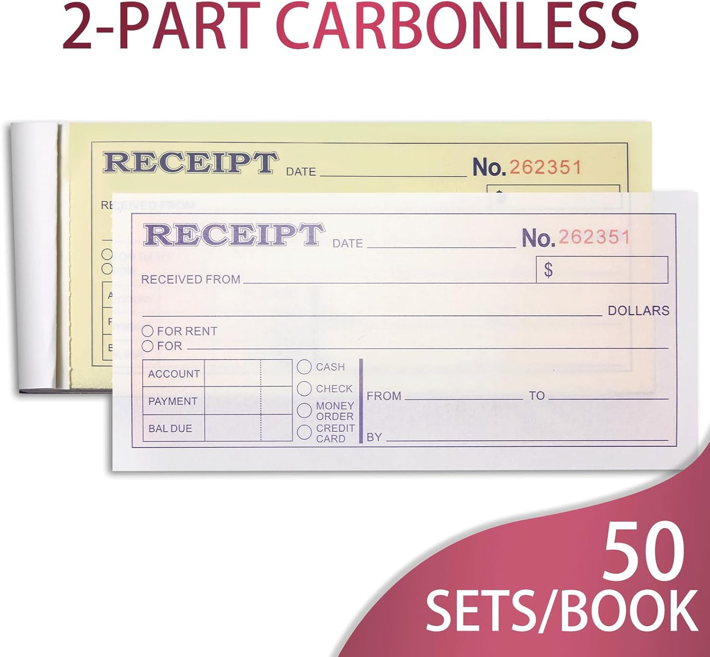 XKDOUS 2 Pack Money and Rent Receipt Book, 2-Part Carbonless, 2-3/4" x 6-1/2" Receipt Book for Small Business, 50 Sets per Book