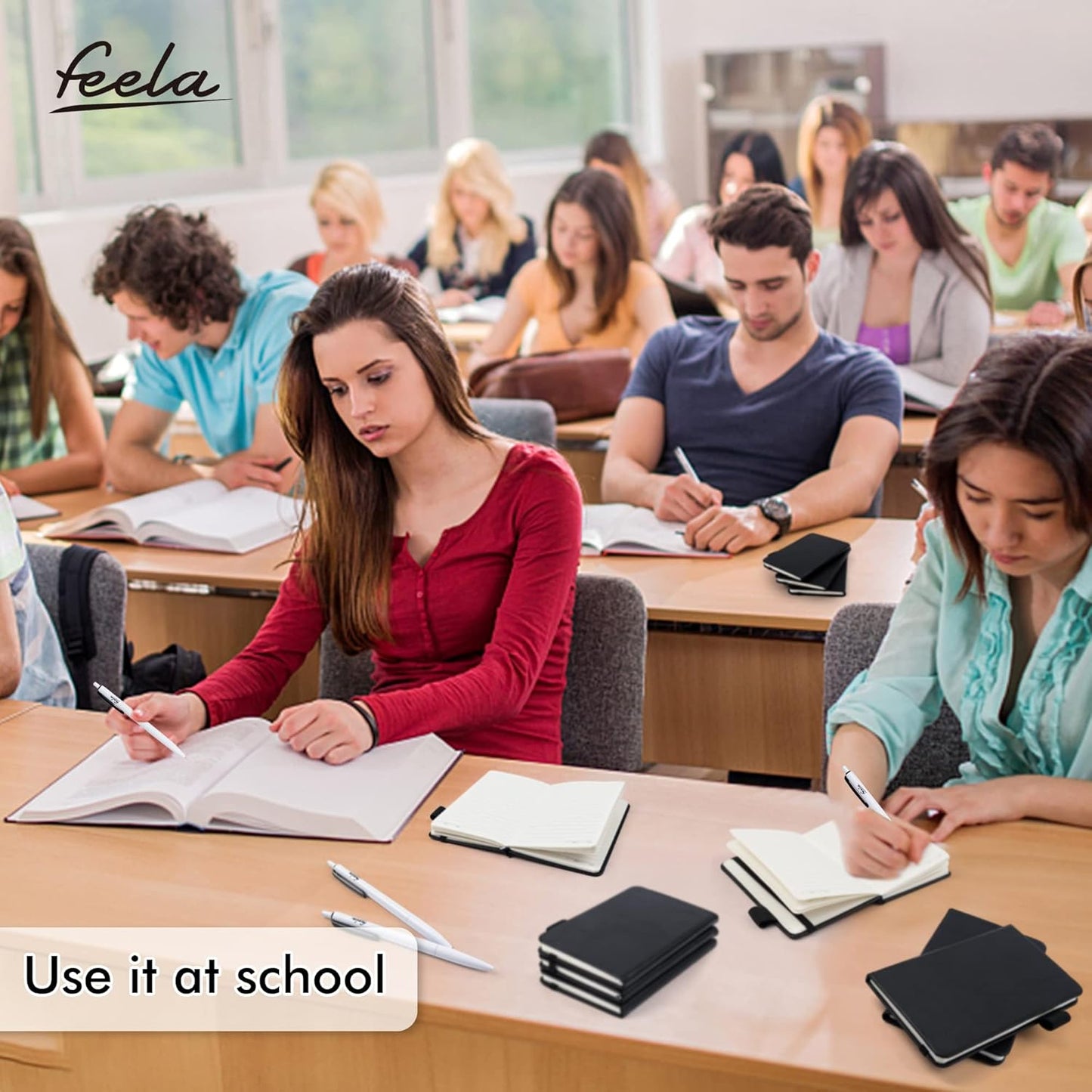 feela 3 Pack Pocket Notebook Journals with 3 Black Pens, A6 Mini Cute Small Journal Notebook Bulk Hardcover College Ruled Notepad with Pen Holder for Office School Supplies, 3.5”x 5.5”, Gray