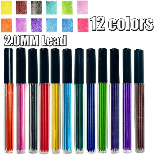 MROOFUL 2.0mm 96 pieces 12 Color Pencil Leads, Lead Filled Art Sketching Supplies, Red, Blue, Yellow, Green, Pink Pencil Leads, Automatic Lead