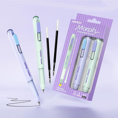 WRITECH Morph Extendable Gel Pens: 0.7mm Medium Point Black Ink Pocket-to-Full-Size Design Translucent Soft Grip Barrel Includes 2 Pens and 2 Refills Dual-Length Pocket Pen 4.6" to 6.1"