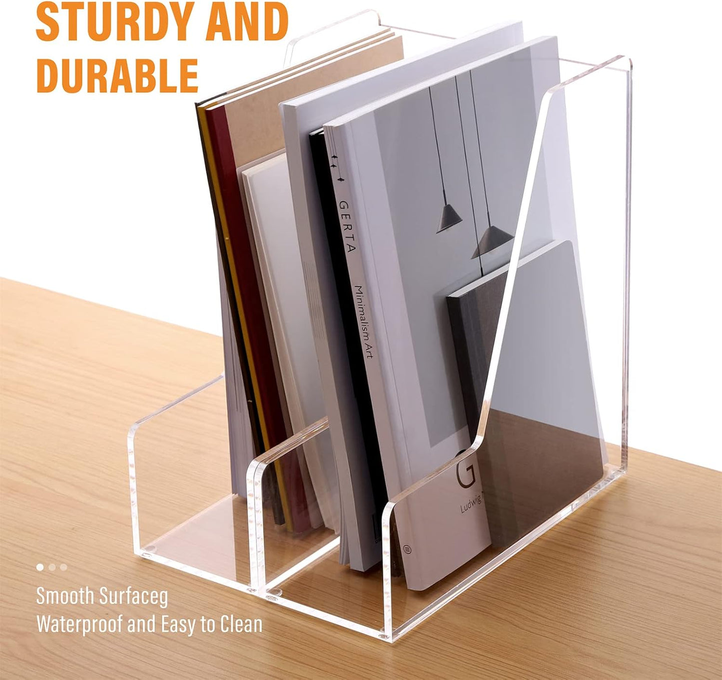 SANRUI Desk Organizer Clear Acrylic Desk Magazine File Holder with 3 Vertical Sections Magazine Rack File Organizer for Office, Home, School