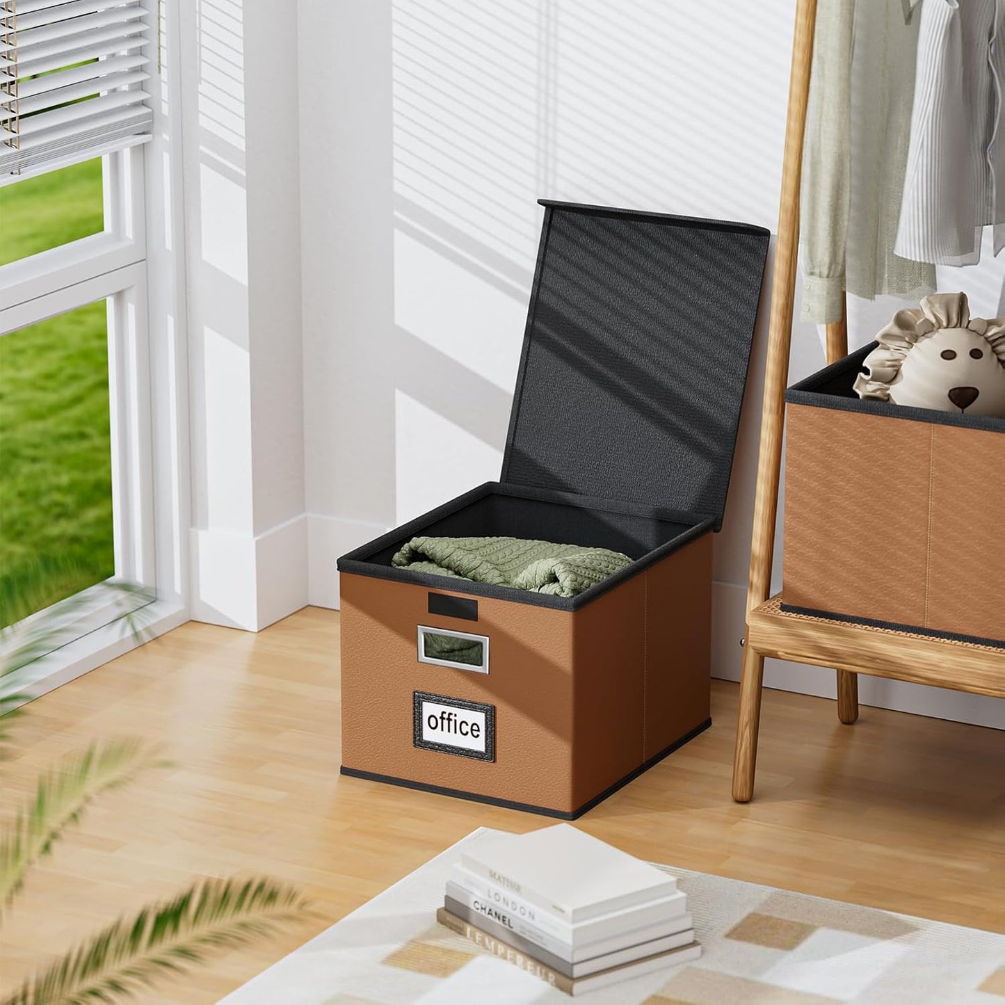 Huolewa Upgraded Portable File Organizer Box with Lid, Collapsible Linen Hanging Filing Storage Boxes with Plastic Slides, Decorative Home/Office Filing System Box for File and Folders Storage (Gray)