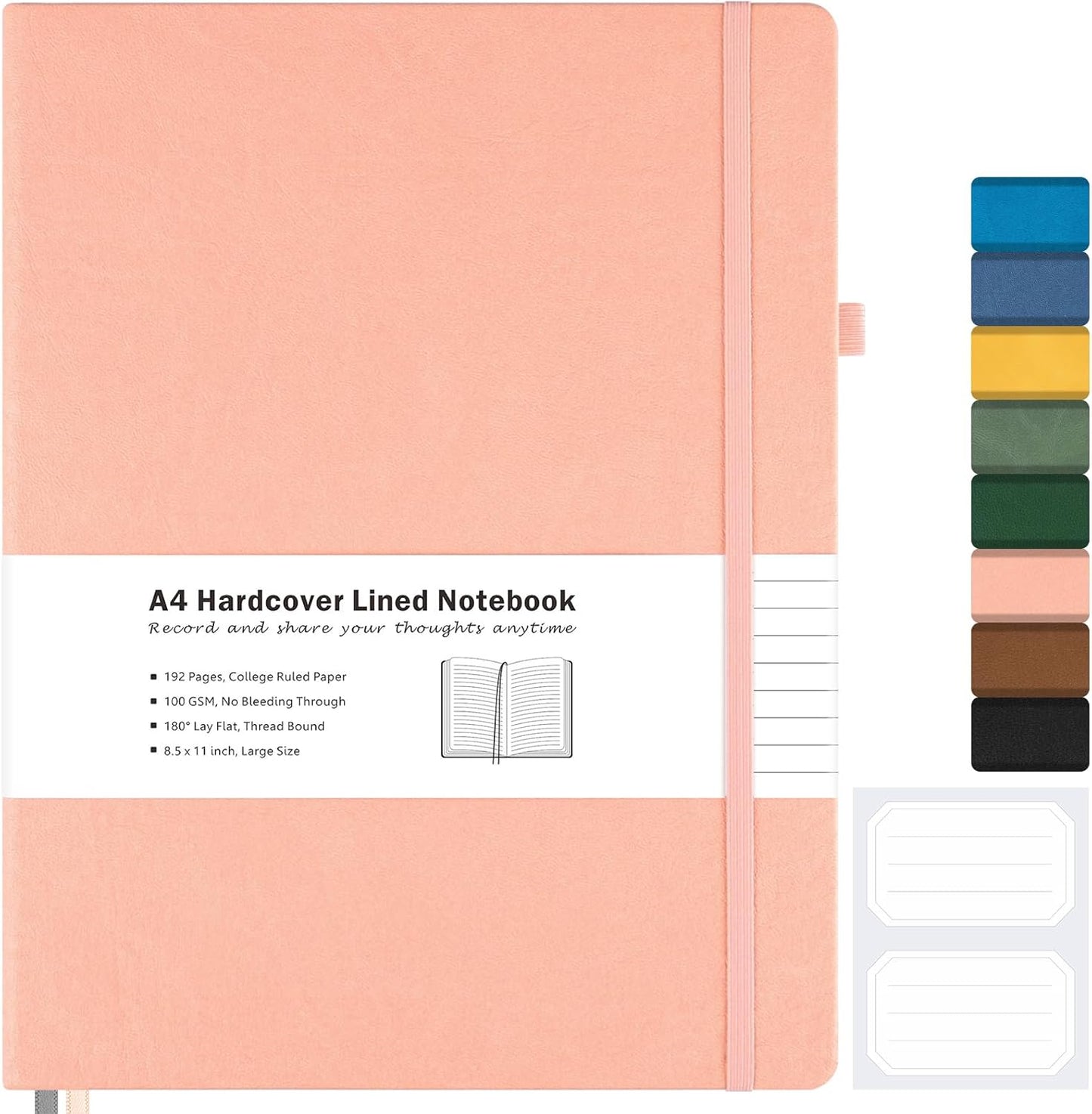 College Ruled Notebook, A4 Hardcover Leather Notebook for Work, Lined Notebook Journal for Women, Men, 192 Thick Paper, Lay Flat, Large Notebook with 2 Pockets, Professional Business Notebook, Black