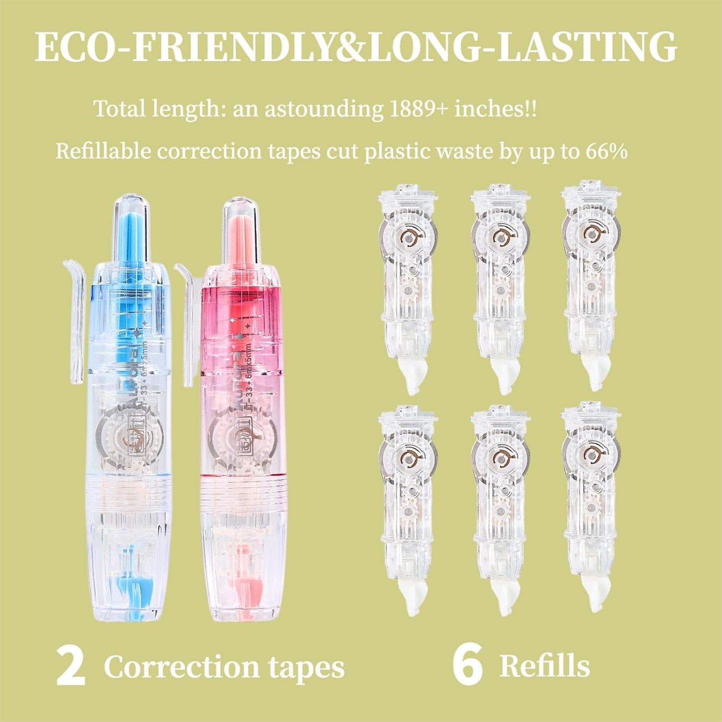 Refillable Correction Tape, 157 ft Total – 2 Pre-Filled Dispensers + 6 Snap-In Refills, School & Office Supplies, Pink &Purple