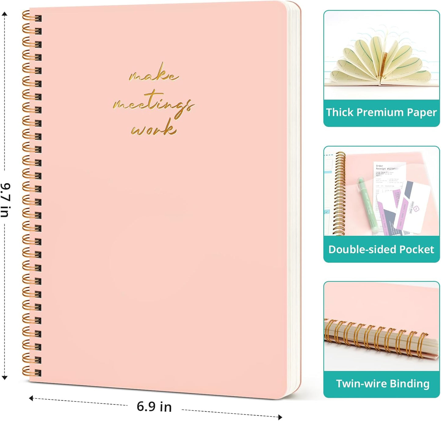 Meeting Notebook for Work Organization - Work notebook with action items, Meeting Minutes Planner Notebook, Perfect Office Supplies for Men & Women - Pink