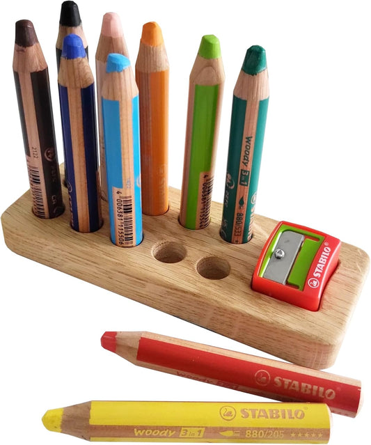 Wooden pencil holder for 10 Stabilo woody 3 in 1 pencils with place for sharpener desk organizer classroom art supplies homeschool Waldorf child gift kids