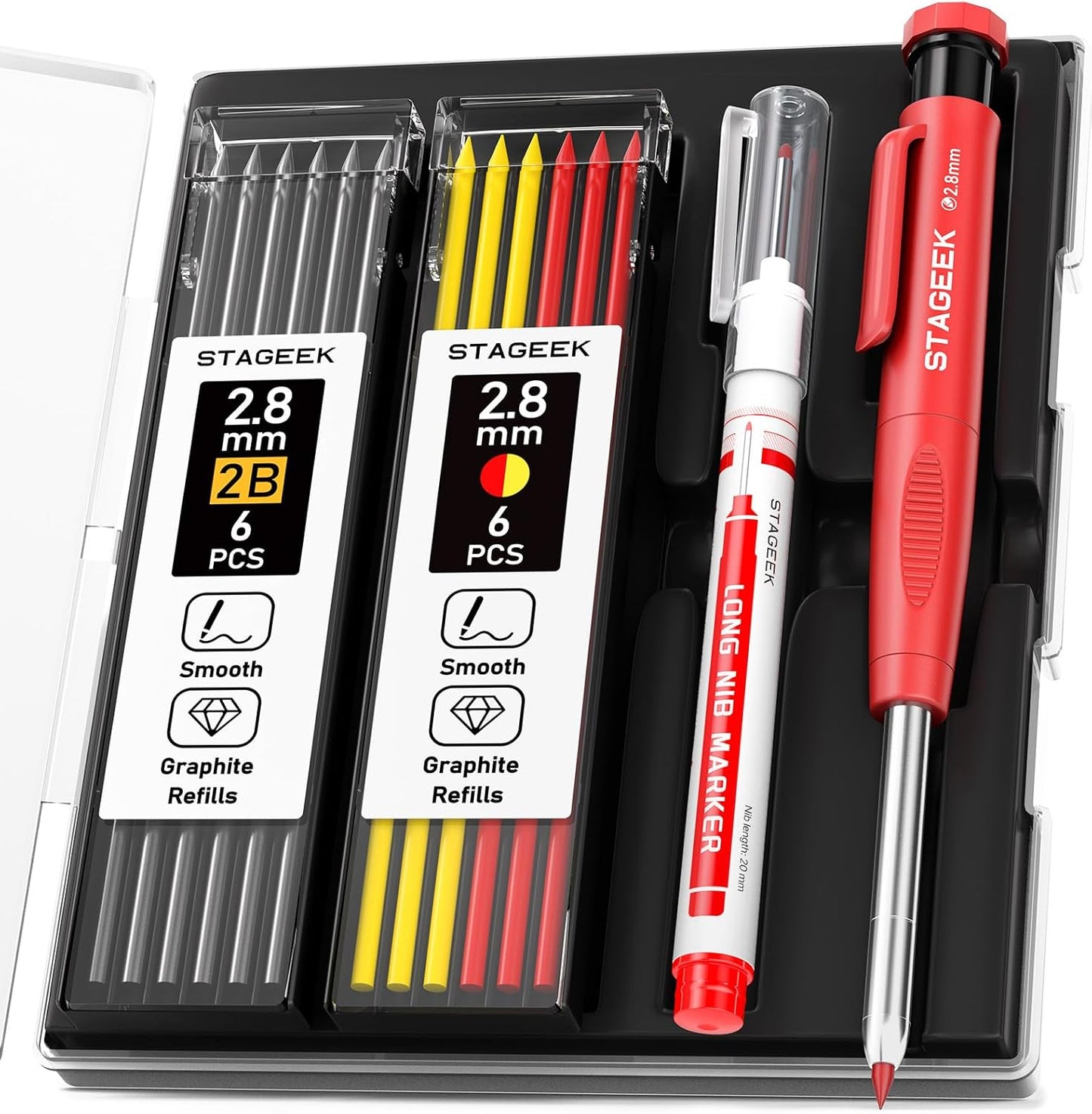 Carpenter Pencils with Sharpener, 2.8mm Mechanical Pencil Set with 26 Refills, Waterproof Deep Hole Long Nib Marker for Architect Marking, Heavy Duty Woodworking Tools for Construction Electricians