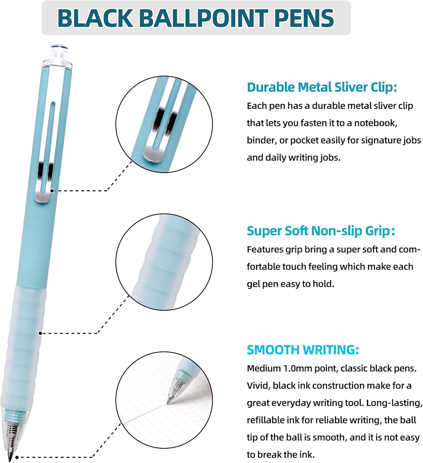 Linbsunne Ballpoint Pens Medium Point 1mm Black Ink Work Pen with Super Soft Grip Ball Point Pen for Men Women Retractable Office Pens (Gold Clip-6 count)