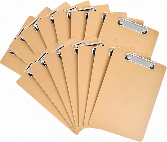 15 Pack Clipboard 9 x 12.5 Letter Size Clip Boards Bulk, A4 Wooden Hardboard Office Clipboards for Classroom, Work-Meetings, Brown