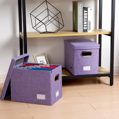PRANDOM File Organizer Box - Collapsible Decorative Linen Filing Storage with Lids for Letter Size - Grey (14x9.3x10.8 inch)