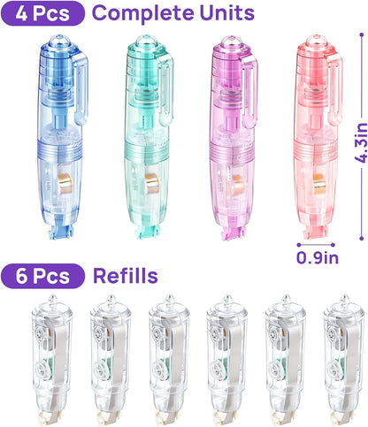 Refillable Retractable Correction Tape, Smooth Pull Out White Correction Tape with 4 Extra Refills, Easy to Use for School Office Supplies