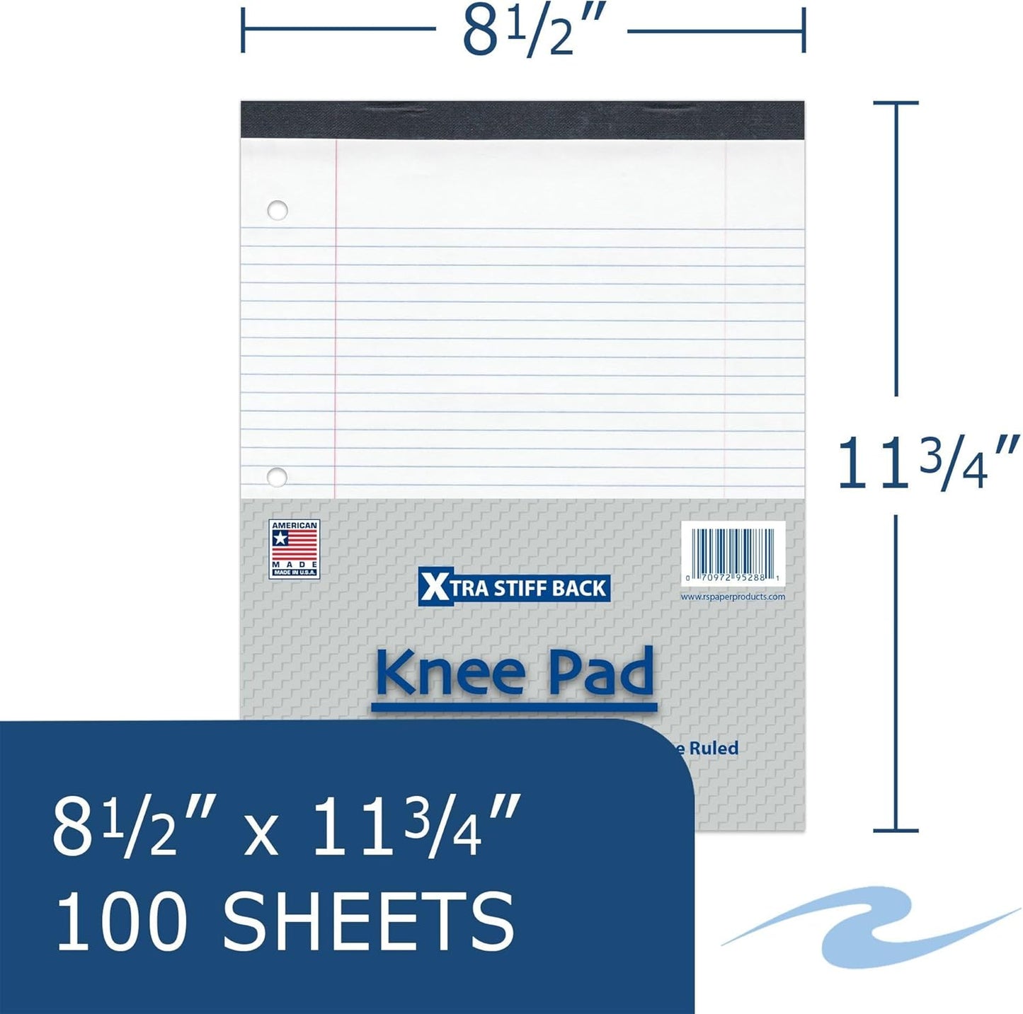 Roaring Spring Knee Pad College Ruled Extra Stiff Back Legal Writing Pad, 3 Hole Punched, 8.5 x "11.75" 100 Sheets, White