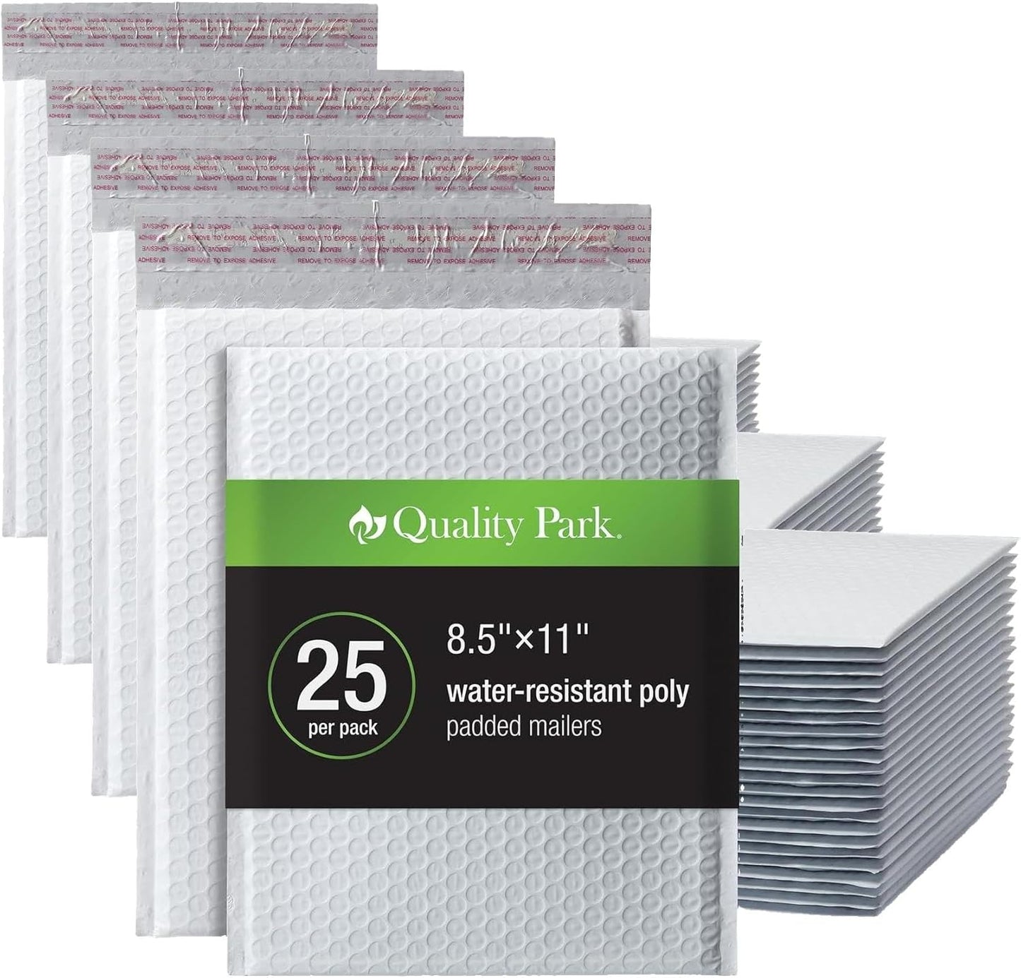 Quality Park Bubble Mailers, 8.5 x 11 Shipping Envelopes, Water Resistant White Poly Padded Envelopes, Redi-Strip Peel Off Closure, 25/Box (QUA85859)