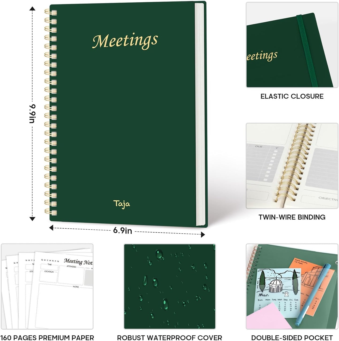 Taja Meeting Notebook for Work Organization - Work Planner Notebook with Action Items, Agenda Planner for Note Taking, 160 Pages (6.9" X 9.9") Project Organizer for Men & Women - Blue