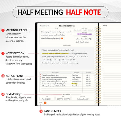 SUNEE Half Meeting Half Note 7"x10" Notebook for Work – 140 Pages, B5 Size Project Planner for Women&Men, Minutes Organizer for Meeting Notes, Ideas for Office/Business, PVC Waterproof Cover, Black