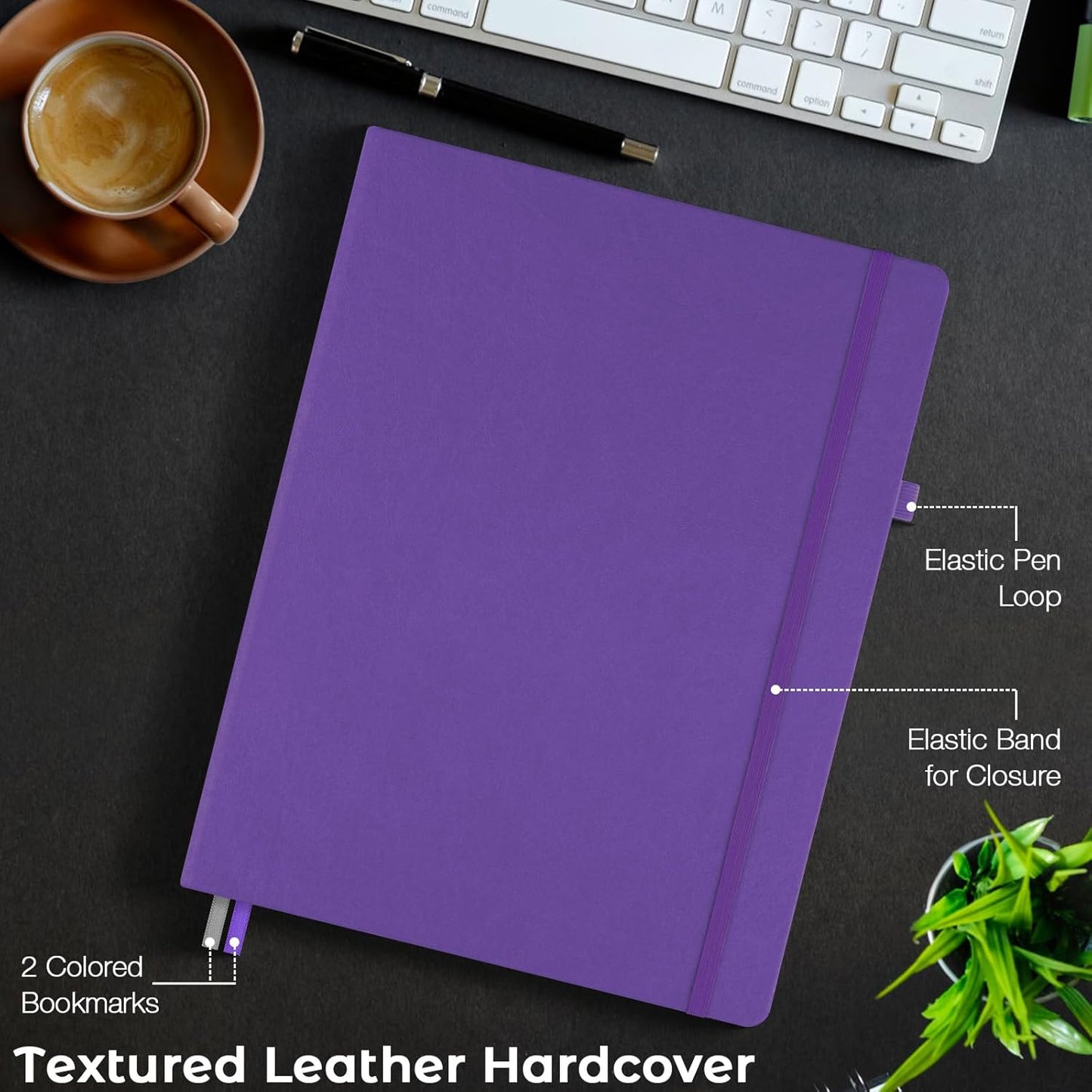 College Ruled Notebook, A4 Hardcover Leather Notebook for Work, Lined Notebook Journal for Women, Men, 192 Thick Paper, Lay Flat, Large Notebook with 2 Pockets, Professional Business Notebook, Black