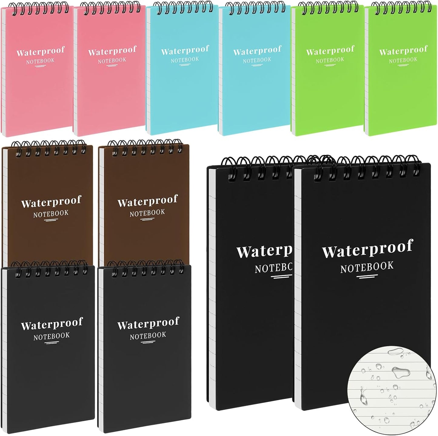 wavamawa 6 Pack Waterproof Notebook, 3x5 Pocket Notepad, Small Top Spiral Stone-Paper Notepad, Mini Pocket Notebook, Little Memo Note Pads for Outdoor, Office, School, Travel (Black)