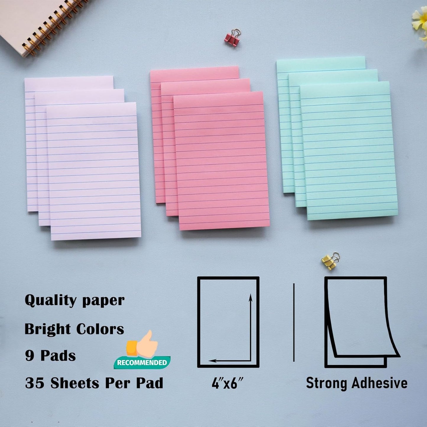9 Pack Lined Sticky Notes 4X6 in Post Sticky Notes with Lines, Large Ruled Post Sticky Colorful Super Sticking Power Memo Pads Strong Adhesive (Pink Themed)