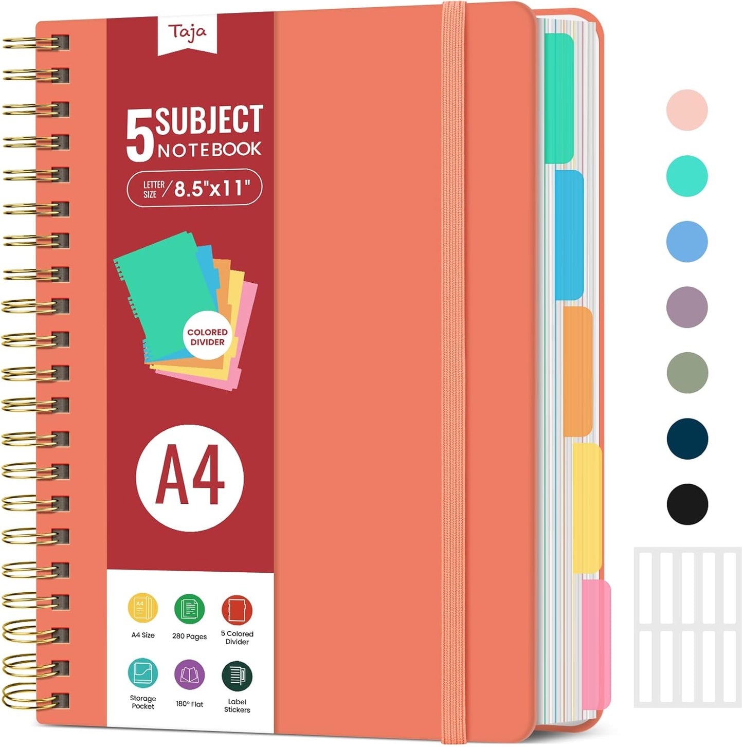 Hardcover Spiral Journal Notebooks for Work With Removable Dividers & Tabs, 8.5"x11" 5 Subject Notebook for Note Taking & Organizer, A4 College Ruled Lined Journal for Women & Writing, Aquamarine, 280 Pages