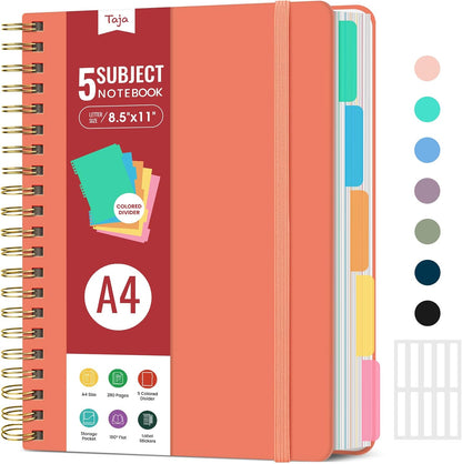 Hardcover Spiral Journal Notebooks for Work With Removable Dividers & Tabs, 8.5"x11" 5 Subject Notebook for Note Taking & Organizer, A4 College Ruled Lined Journal for Women & Writing, Aquamarine, 280 Pages