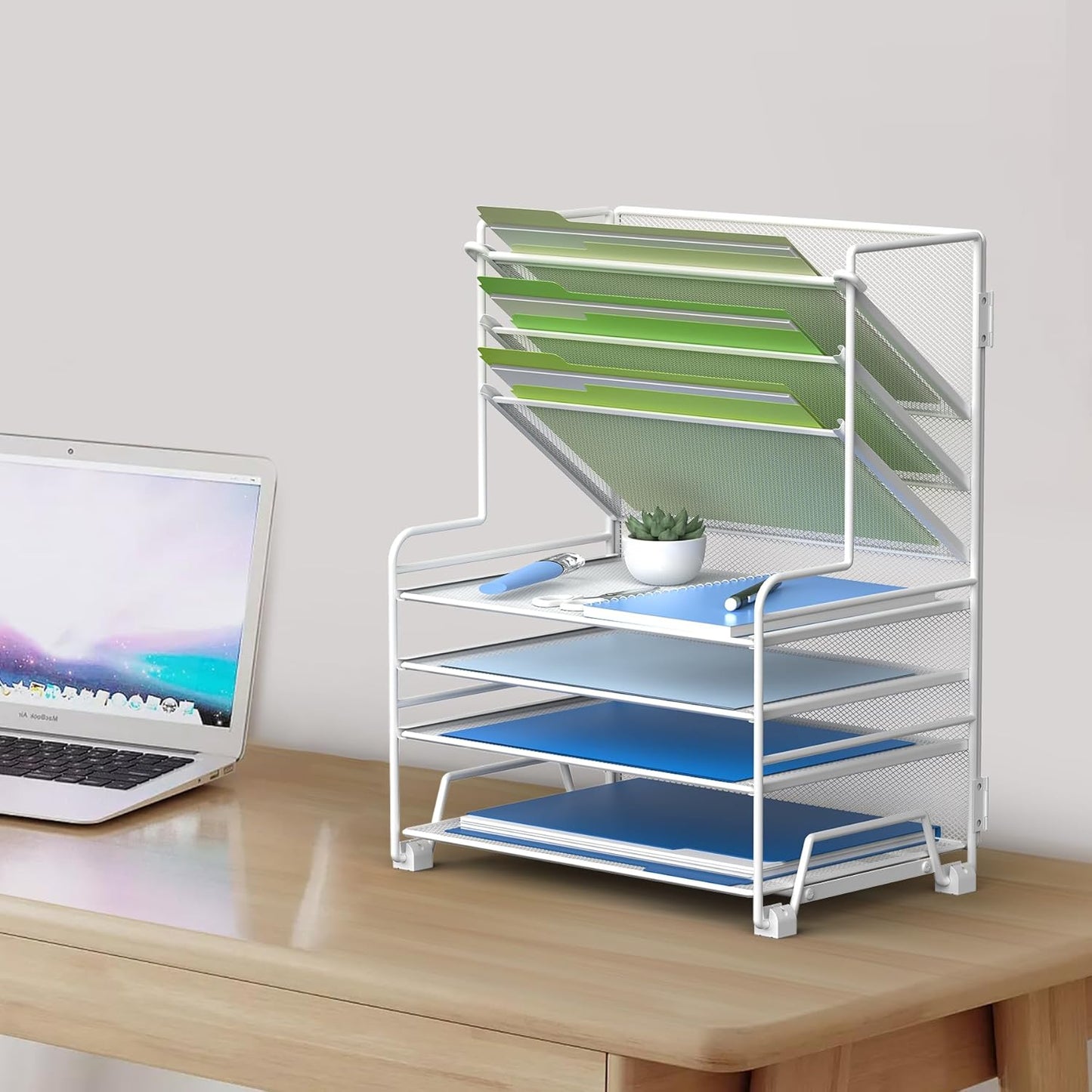 MINDEPOT 4-Tier Paper Organizer + 3-Pocket File Holder + Drawer + Pen Holders, Desktop File Organizers Paper Tray for Office Supplies School Classroom Organization (Black, No Drawer & Pen Holder)