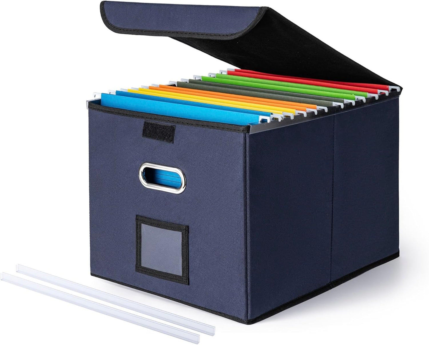 CADONO File Organizer Box with Lid, Large Hanging File Folder Organizer with Plastic Slide, Collapsible Portable Filing Storage Boxes for Office/Decor/Home (Black, 14.9 x 12.59 x 10.8 inch)