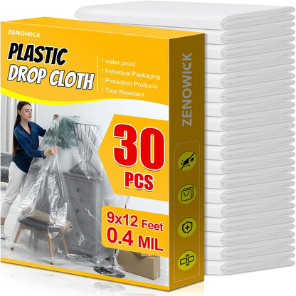 12 Pack Plastic Drop Cloth, 9x12 Ft Plastic Sheeting for Painting, Dust-Proof Tear-Resistant Painters Plastics Tarp Cloth for Furniture Floor Sofa Protector Cover Durable & Thick