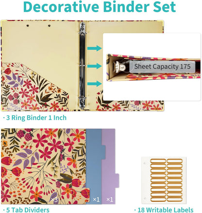 Binditek 3 Ring Binder 1 Inch, Letter Size, Binder Organizer with 5-Tab Dividers, 2 Interior Pockets, Low Profile Clip Cover, Label Stickers, 175 Sheet Capacity, Floral, 1 Pack