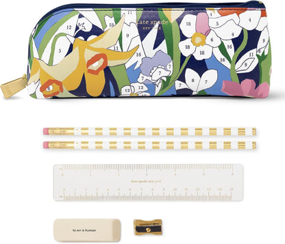 kate spade new york Pen and Pencil Case with Office Supplies, Zip Pouch Includes 2 Pencils, Sharpener, Eraser, and Ruler, Polka Dots (black/white)