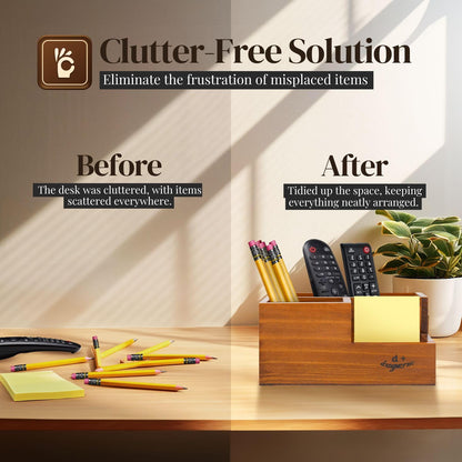 Flexzion Rustic Wooden Pencil Holder for Office - 3 Slots - Desk and Table Storage Organizer - Multifunctional Remote Control Holder for Home, School and Office