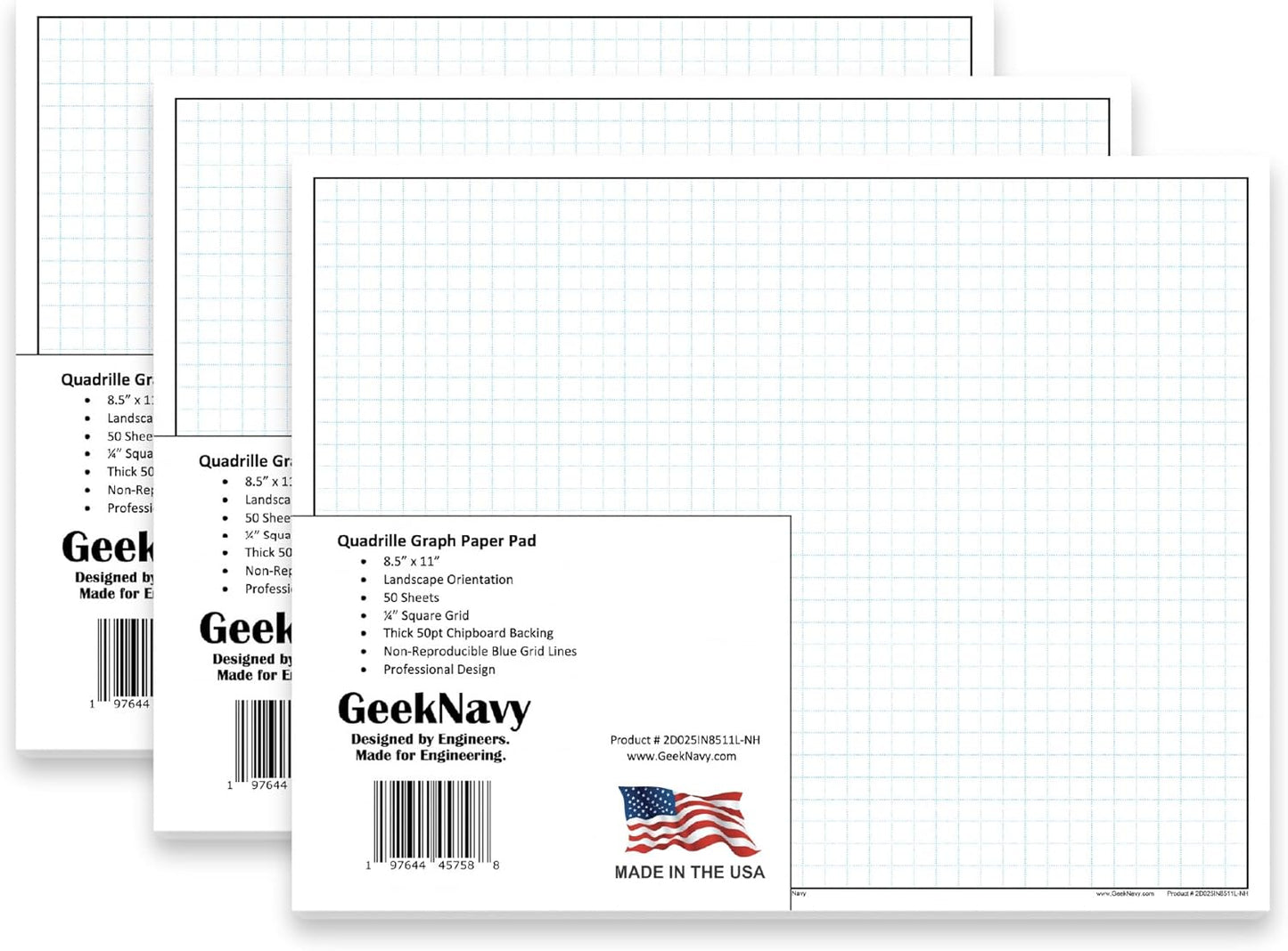 GeekNavy 11" x 17" Quadrille Graph Paper 50 Sheets Landscape - 0.25" 4x4 Square Grid, Blueprint, High Brightness, Border-Outlined, Large Drafting (1-Pack)