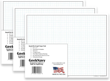 GeekNavy 11" x 17" Quadrille Graph Paper 50 Sheets Landscape - 0.25" 4x4 Square Grid, Blueprint, High Brightness, Border-Outlined, Large Drafting (1-Pack)
