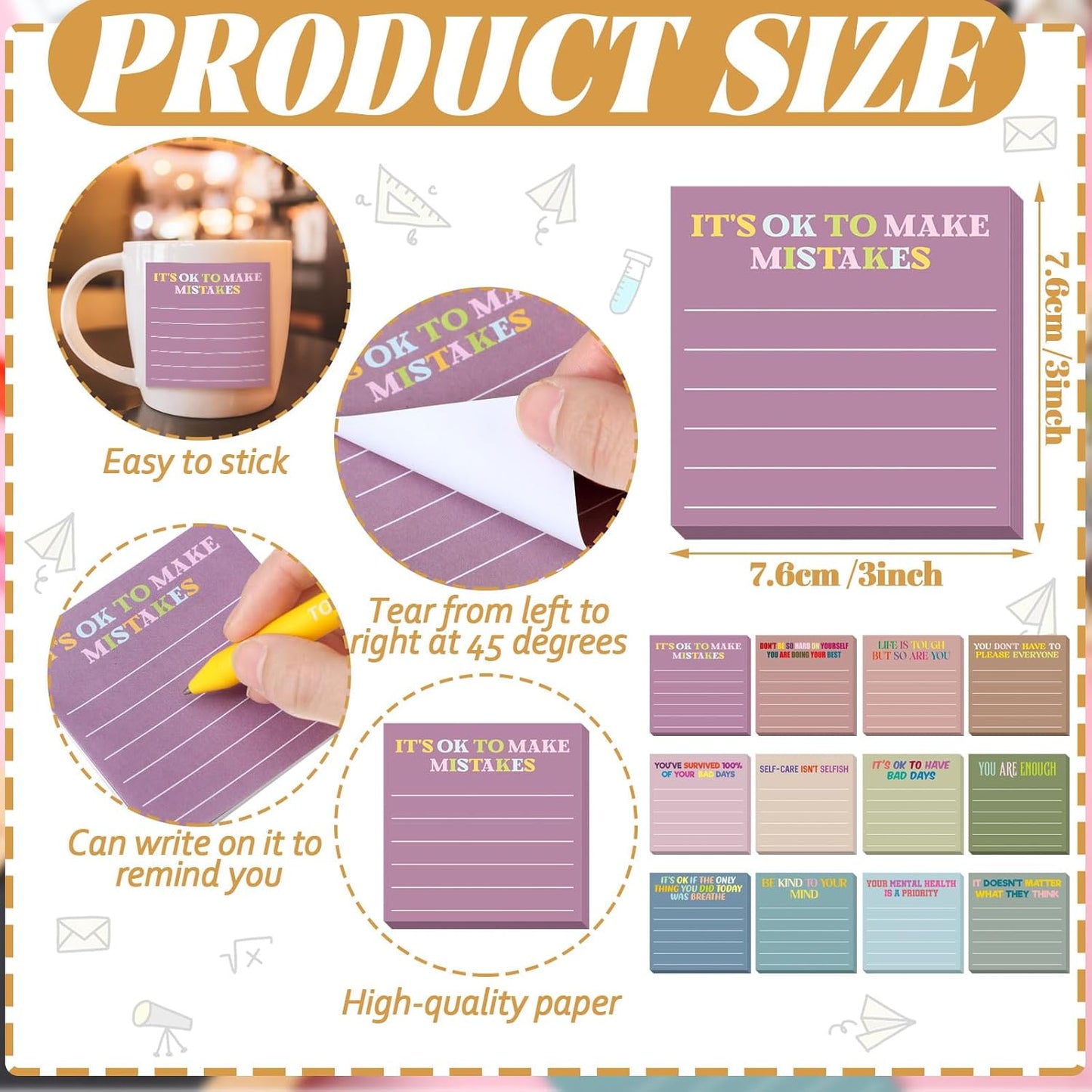 Yinder 48 Pcs Inspirational Sticky Notes Cute Motivational Sticky Notes Pad End of Year Employee Appreciation Gifts Bulk for Teacher Nurse Coworkers Office Supplies 3 x 3'' (Thank You,Dark Color)