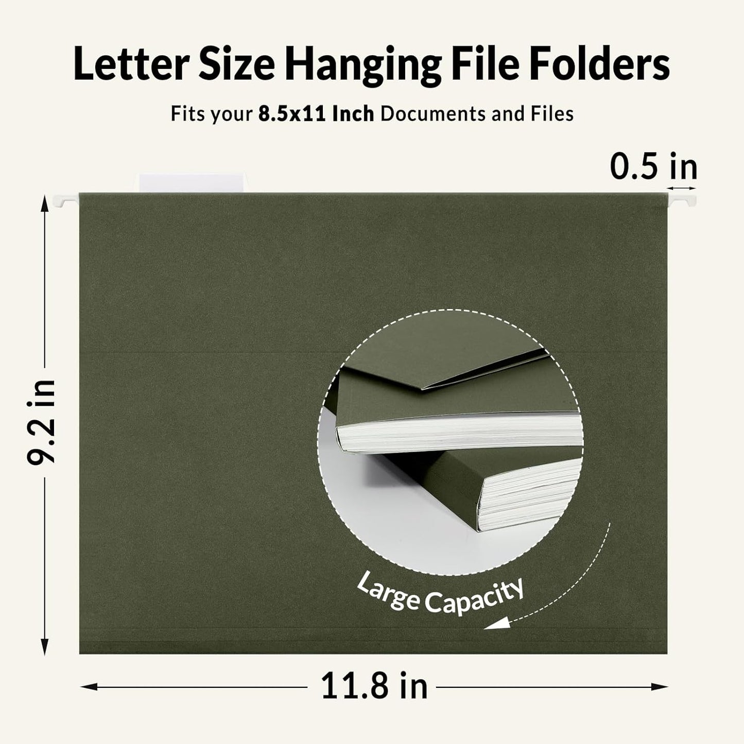 SUNEE Hanging File Folders, 25 Pack Reinforced Hang Folders Letter Size, Adjustable 1/5-Cut Tabs, Designed for Bulky Files, Filing Cabinet, Standard Green