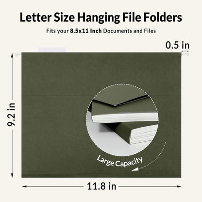 SUNEE Hanging File Folders, 25 Pack Reinforced Hang Folders Letter Size, Adjustable 1/5-Cut Tabs, Designed for Bulky Files, Filing Cabinet, Standard Green