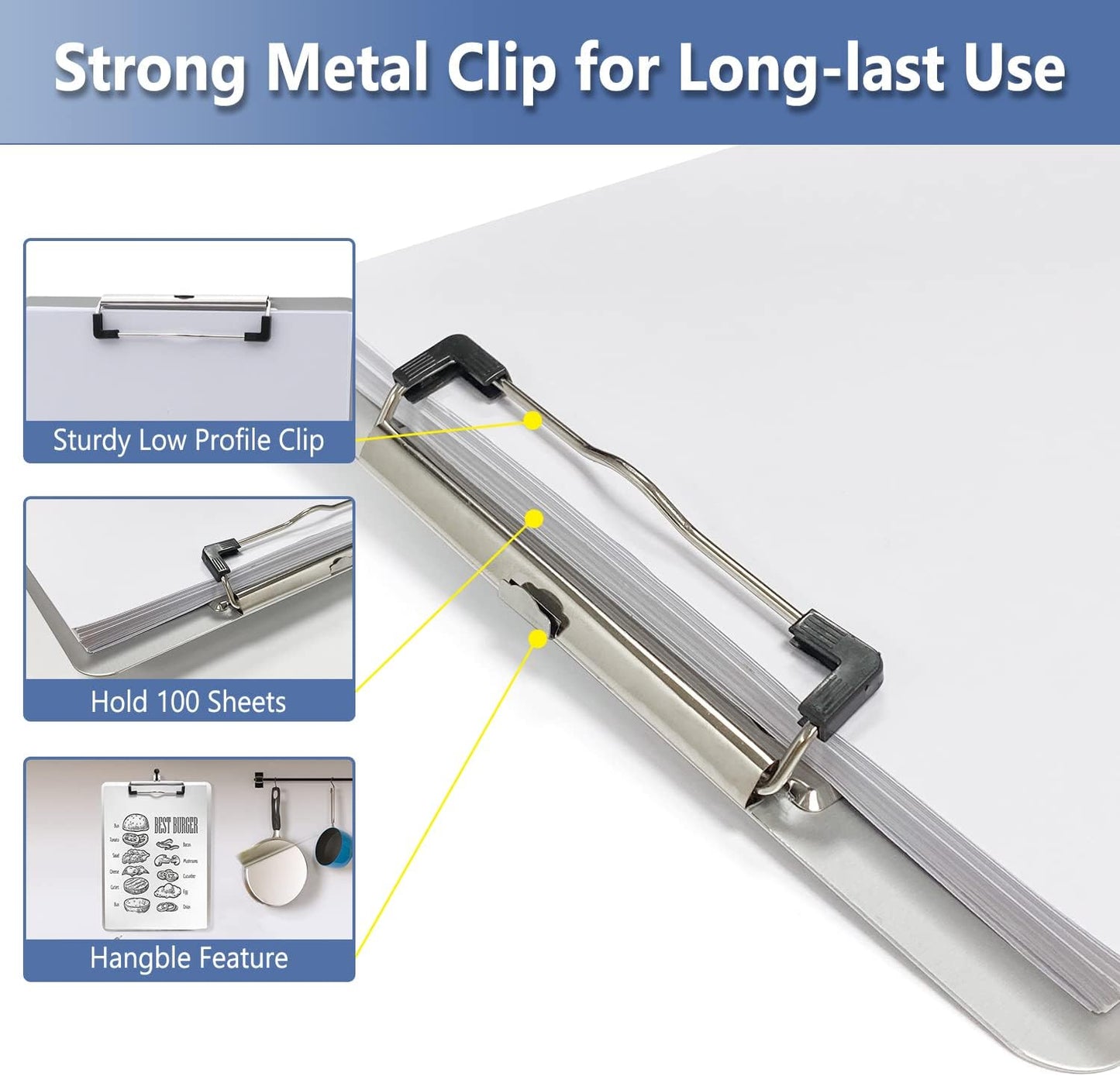 Metal Clipboard, 20% Sturdier Aluminum Contractor Clipboard with Low Profile Clip | Hangable Recycled Heavy Duty Rust-Proof | Plate for A4 Size Sheet, for Jobsite, Laboratory, Medical, Office, Teach