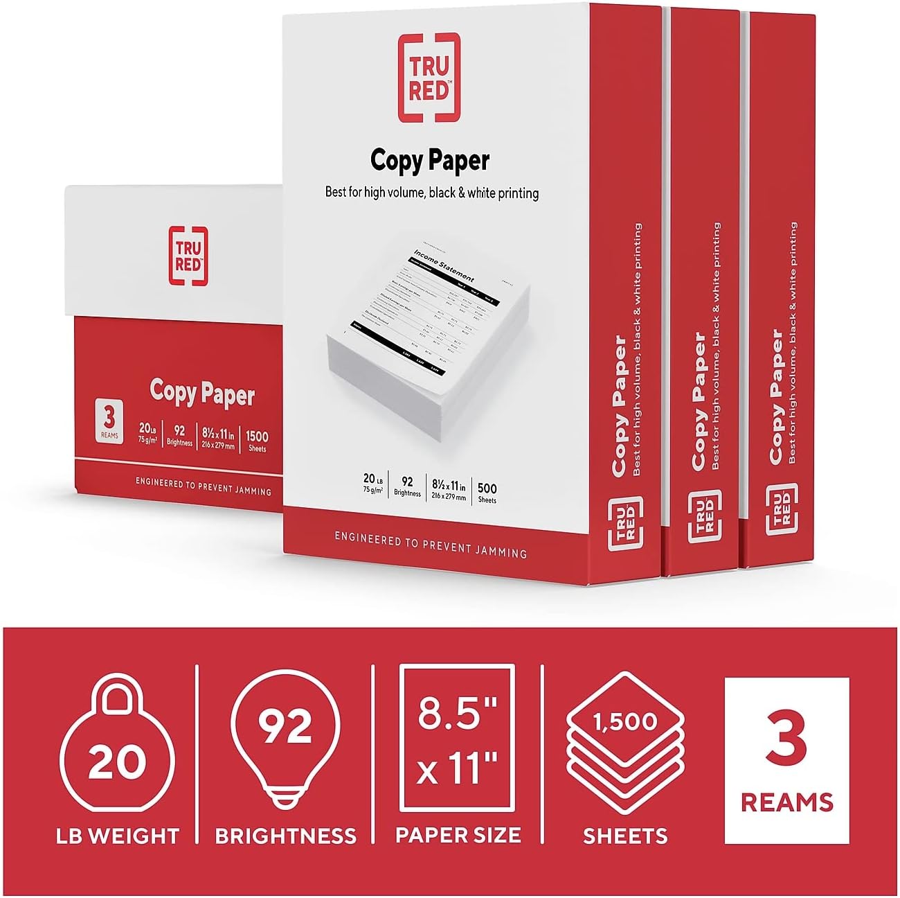 TRU RED 8.5x11 Copy Paper 20 lb. 92-Bright 5000 Sheets/Carton, For Office, School & Home