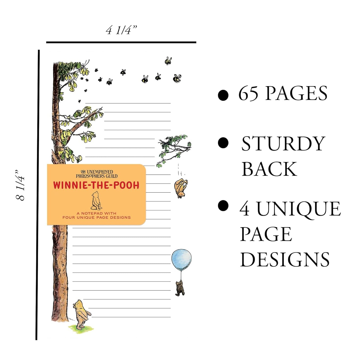 The Unemployed Philosophers Guild Winnie-The-Pooh Notepad- 65 Easy-Tear Paged Memo Desk Note Pad With 4 Alternating Page Designs, 8.25" x 4.25"