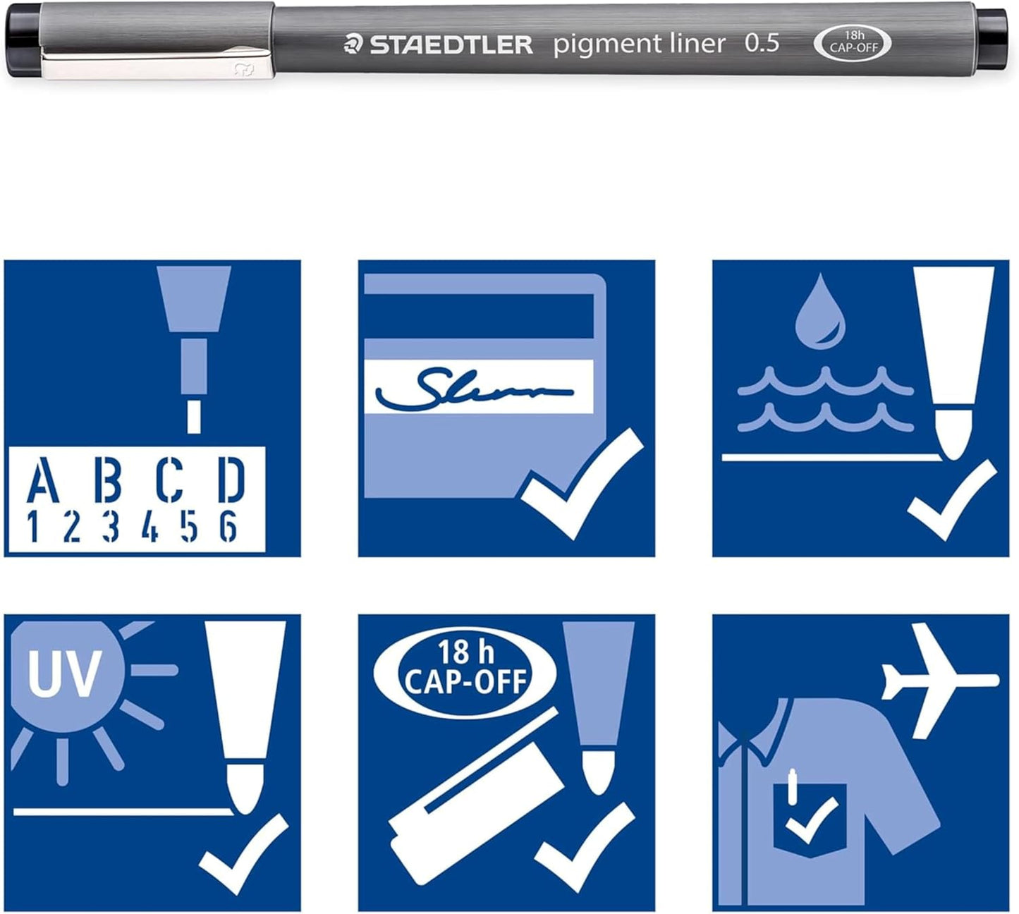 Staedtler Pigment Liner Pack, Black, 8 Pens, Assorted Line Widths, 0.05mm, 0.1mm, 0.2mm, 0.3mm, 0.5mm, 0.8mm, 1.0mm, 1.2mm