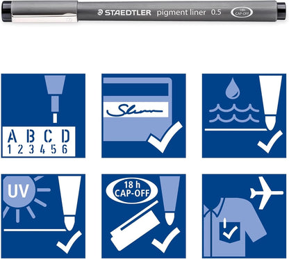 Staedtler Pigment Liner Pack, Black, 8 Pens, Assorted Line Widths, 0.05mm, 0.1mm, 0.2mm, 0.3mm, 0.5mm, 0.8mm, 1.0mm, 1.2mm