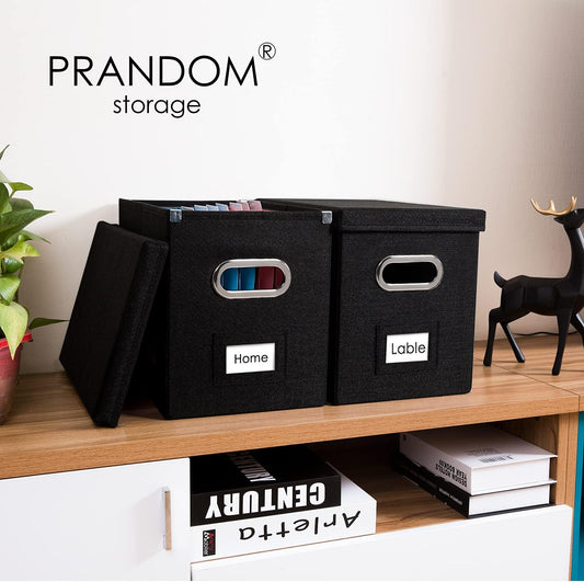 PRANDOM File Organizer Box - Collapsible Decorative Linen Filing Storage with Lids for Letter Size - Grey (14x9.3x10.8 inch)