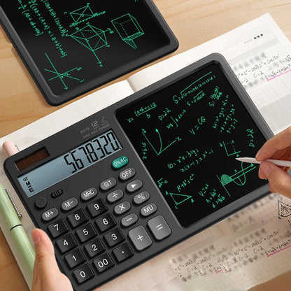 Desk Calculator with Erasable Writing Pad, 12-Digit Wide Screen Display, 100,000+ Reusable LCD Notepad, One-Click Clear & Lock Function, Solar and Battery Dual Power for Office,School,Business (Black)